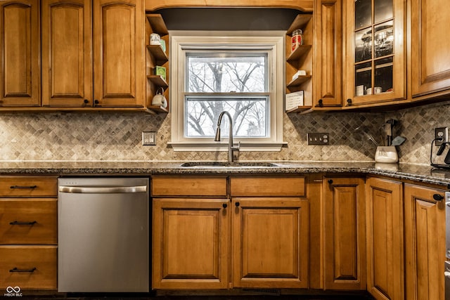 kitchen featuring dishwasher, open shelves, a sink, and brown cabinets