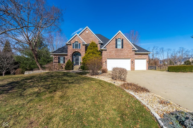 traditional-style house with brick siding, a garage, driveway, and a front lawn