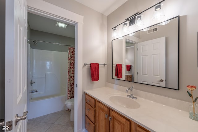 full bath featuring vanity, visible vents, tile patterned flooring, shower / bath combination with curtain, and toilet