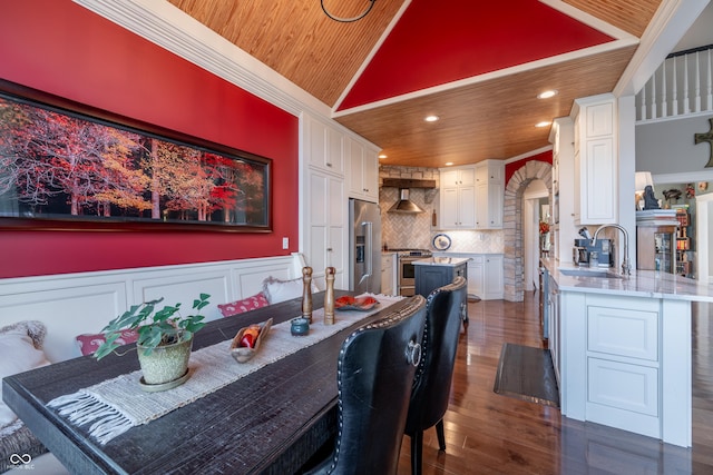 dining area featuring lofted ceiling, recessed lighting, wainscoting, wooden ceiling, and dark wood-style flooring