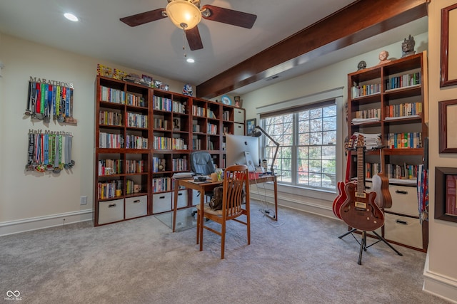 office area with beam ceiling, a ceiling fan, recessed lighting, carpet, and baseboards