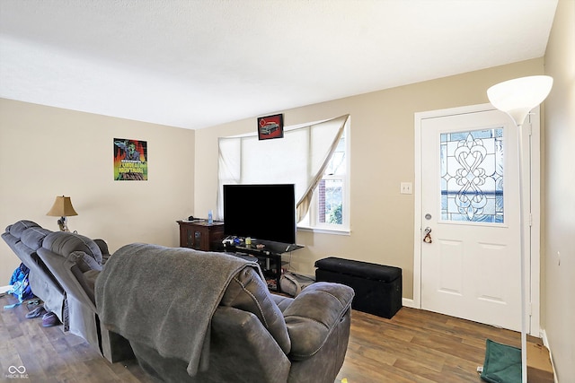 living area featuring baseboards and wood finished floors