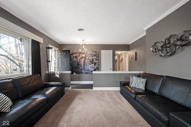 carpeted living area featuring visible vents, a textured ceiling, baseboards, and ornamental molding