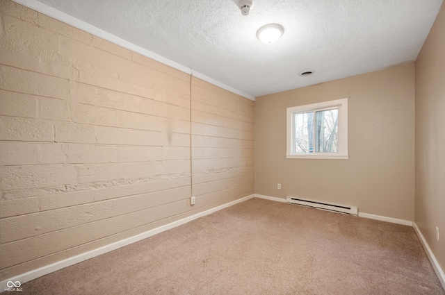 unfurnished room featuring visible vents, baseboards, carpet, a textured ceiling, and a baseboard radiator