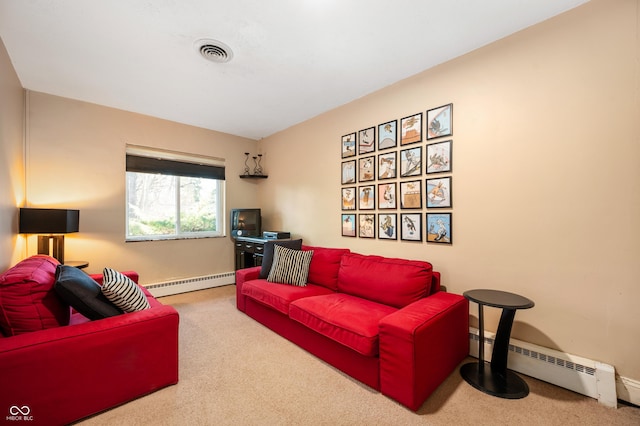 carpeted living room featuring a baseboard radiator, baseboards, visible vents, and a baseboard heating unit