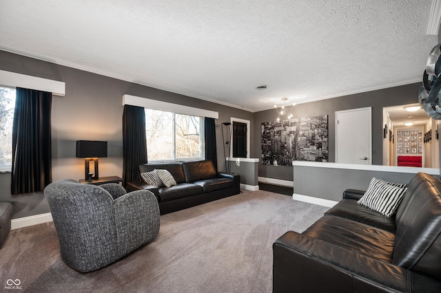 carpeted living area with a textured ceiling, baseboards, and ornamental molding