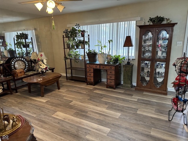 living area featuring ceiling fan, baseboards, and wood finished floors