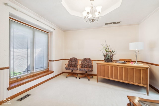 living area featuring visible vents, crown molding, and carpet