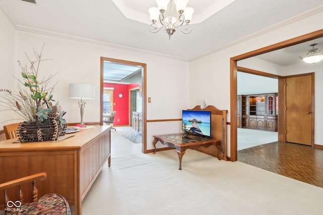 interior space featuring crown molding, a notable chandelier, baseboards, and light carpet