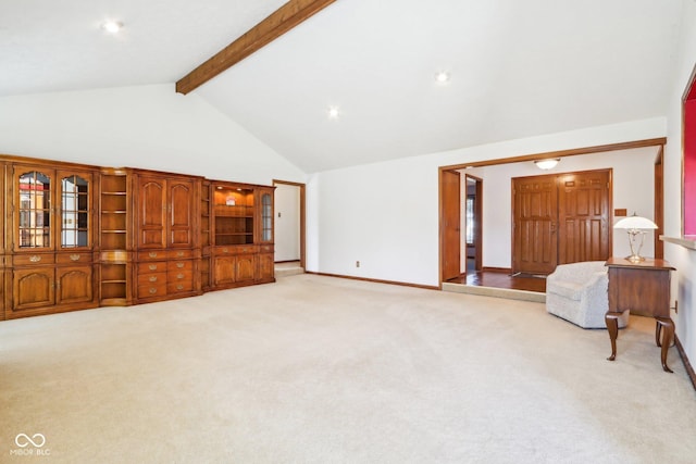 living area with beamed ceiling, high vaulted ceiling, recessed lighting, baseboards, and light colored carpet