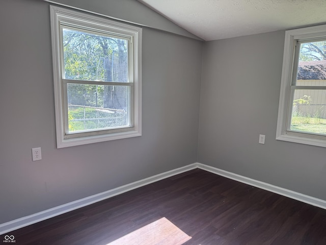 spare room with vaulted ceiling, dark wood-style flooring, a textured ceiling, and baseboards