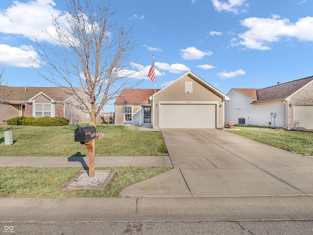 ranch-style house featuring an attached garage, concrete driveway, central AC, and a front yard