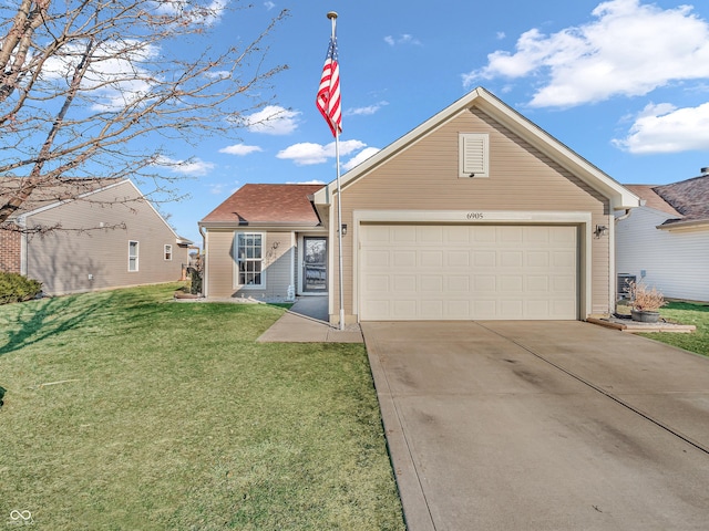 ranch-style home featuring an attached garage, concrete driveway, and a front lawn