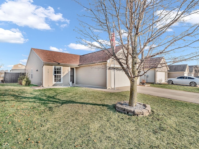 single story home featuring a shingled roof, fence, concrete driveway, a front yard, and a garage