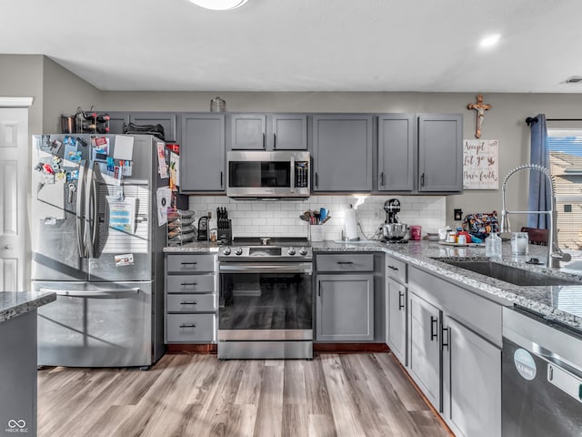 kitchen with gray cabinets, a sink, stainless steel appliances, light wood-style floors, and decorative backsplash