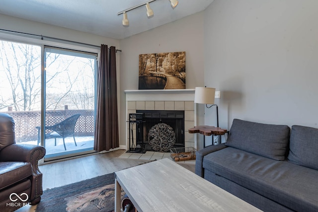 living area with rail lighting, wood finished floors, a tiled fireplace, and vaulted ceiling