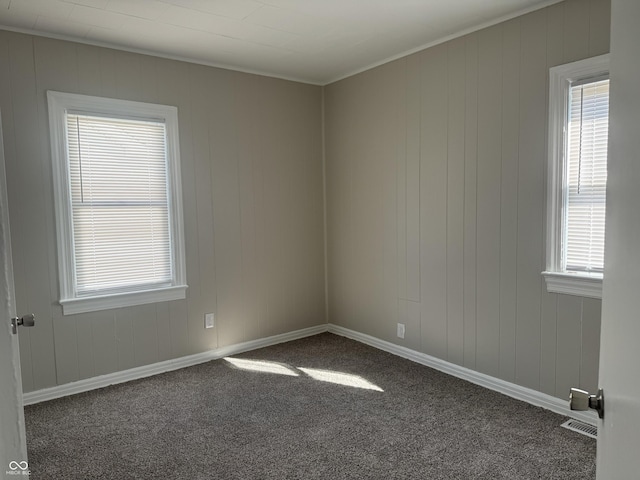 carpeted empty room with visible vents, plenty of natural light, and baseboards