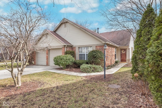 view of front facade with driveway, a front yard, a shingled roof, a garage, and brick siding