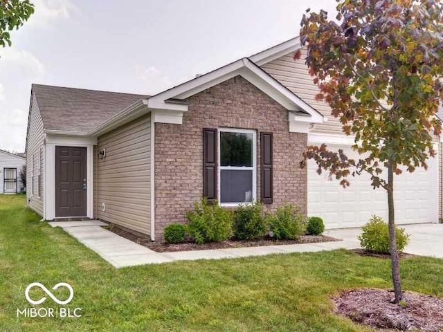 ranch-style home featuring concrete driveway, brick siding, an attached garage, and a front lawn