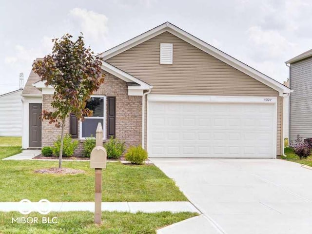 ranch-style home with an attached garage, a front lawn, concrete driveway, and brick siding