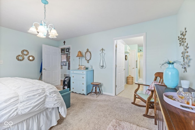 bedroom with baseboards, an inviting chandelier, and light colored carpet