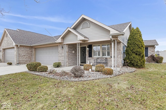 ranch-style house featuring a garage, brick siding, driveway, roof with shingles, and a front lawn