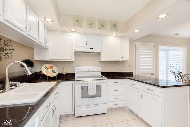 kitchen featuring white range with electric cooktop, a sink, under cabinet range hood, a peninsula, and white cabinets