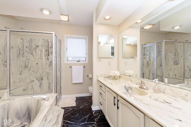 bathroom with a marble finish shower, toilet, marble finish floor, and a bath