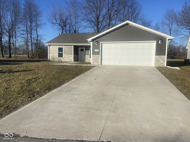 ranch-style home with a garage, stone siding, a shingled roof, and concrete driveway