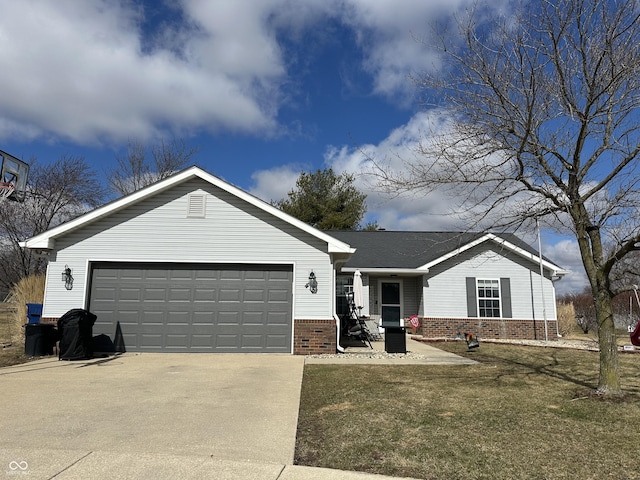 single story home with driveway, brick siding, a front lawn, and an attached garage