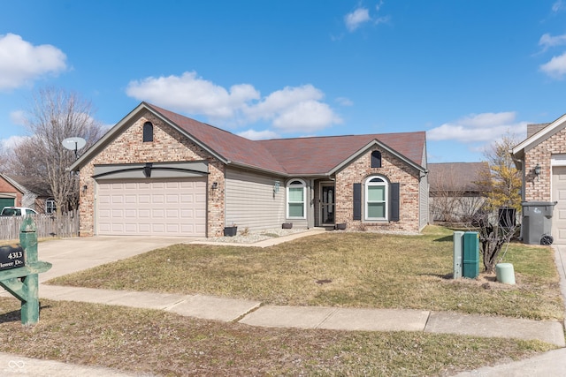 ranch-style home with a garage, a front lawn, concrete driveway, and brick siding