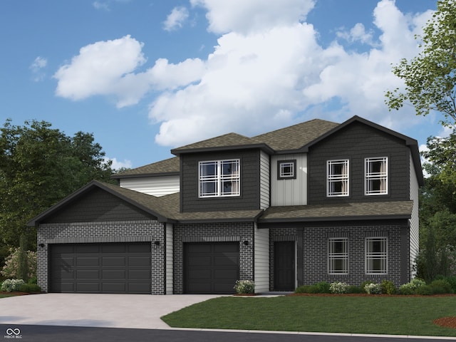 view of front facade with brick siding, a shingled roof, an attached garage, a front yard, and driveway