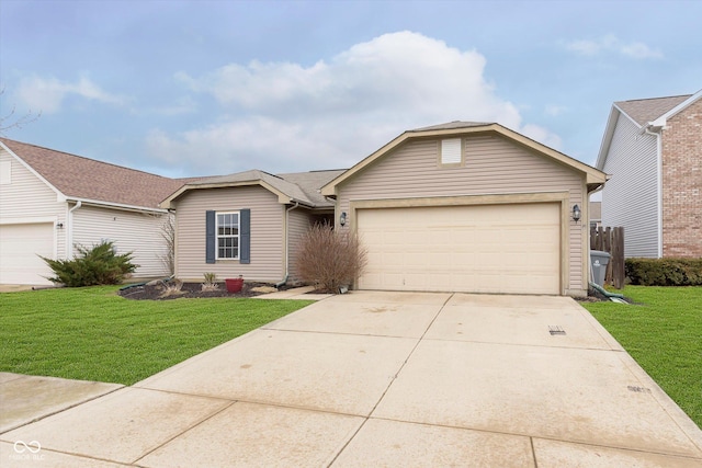 single story home featuring a garage, concrete driveway, and a front yard