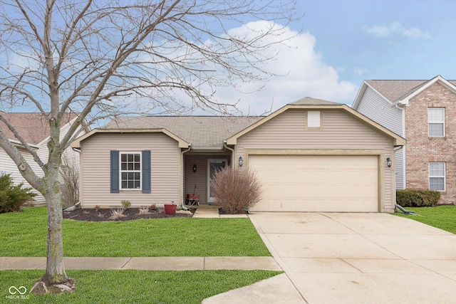 view of front of property featuring an attached garage, concrete driveway, a front yard, and roof with shingles