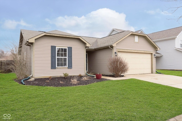 single story home with a front lawn, concrete driveway, and a garage