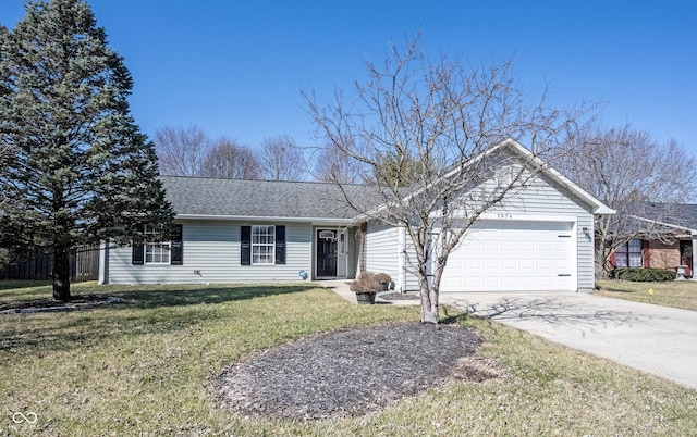 single story home with an attached garage, driveway, a front yard, and roof with shingles