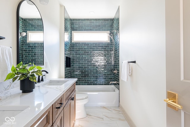 bathroom featuring double vanity, toilet, shower / tub combination, marble finish floor, and a sink