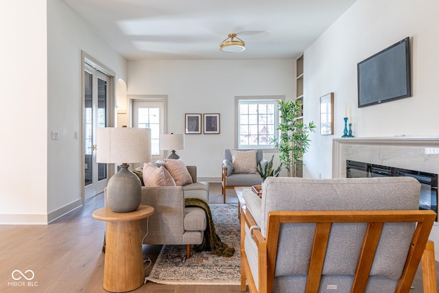 living area featuring a fireplace, wood finished floors, and baseboards