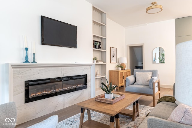 living room featuring built in shelves, a fireplace, and wood finished floors