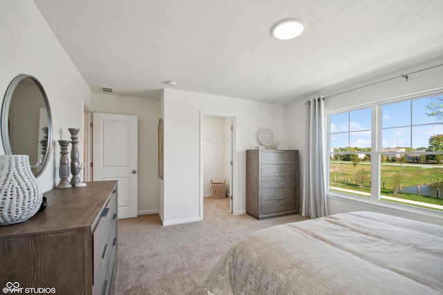 bedroom with light carpet, baseboards, a spacious closet, and visible vents