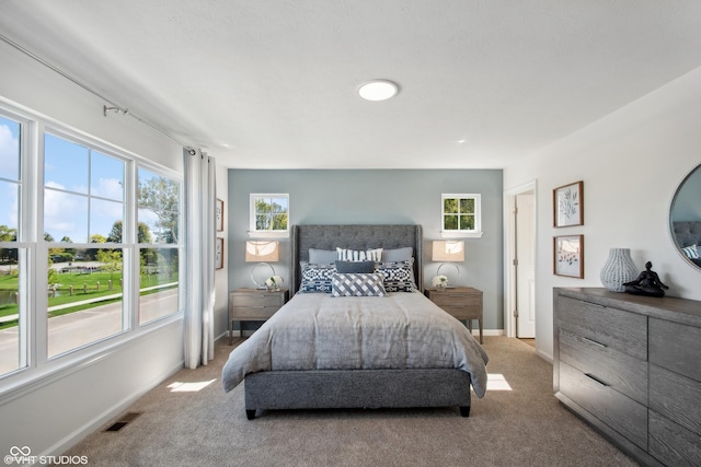 carpeted bedroom featuring visible vents and baseboards