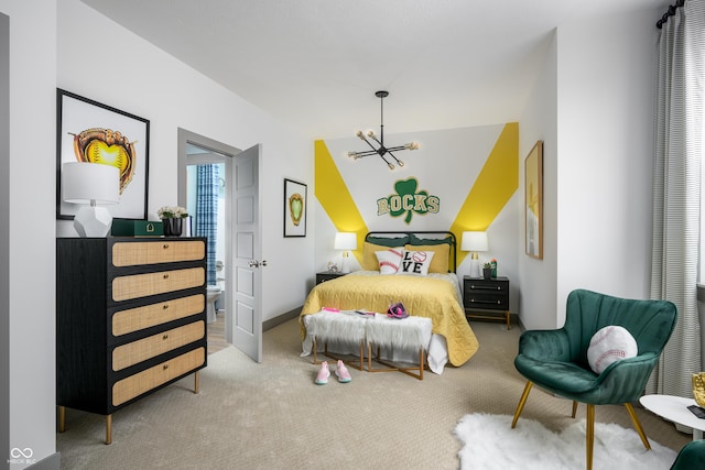 bedroom featuring lofted ceiling, carpet flooring, and a chandelier