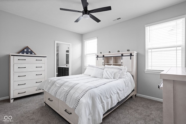 bedroom with a ceiling fan, carpet, visible vents, and baseboards