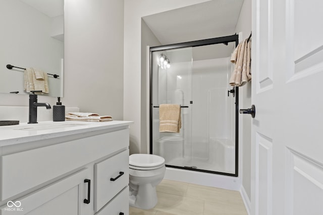 full bath featuring a stall shower, vanity, and toilet