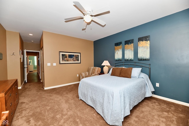 carpeted bedroom with recessed lighting, baseboards, and ceiling fan