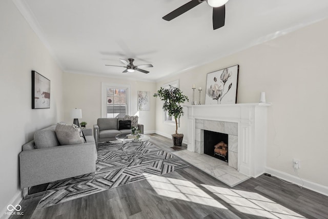 3645 N Delaware St, Indianapolis, IN 46205 - living area with wood finished floors, crown molding, a fireplace, and baseboards