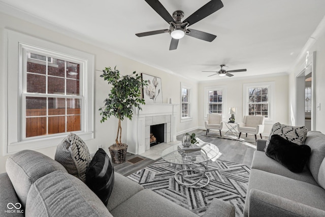 3645 N Delaware St, Indianapolis, IN 46205 - living area with baseboards, wood finished floors, and a fireplace