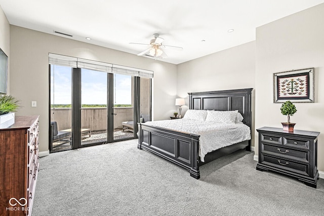 bedroom featuring recessed lighting, a ceiling fan, carpet flooring, access to outside, and baseboards