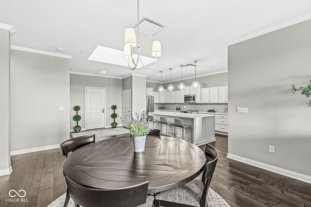 dining room with a skylight, baseboards, ornamental molding, and dark wood finished floors