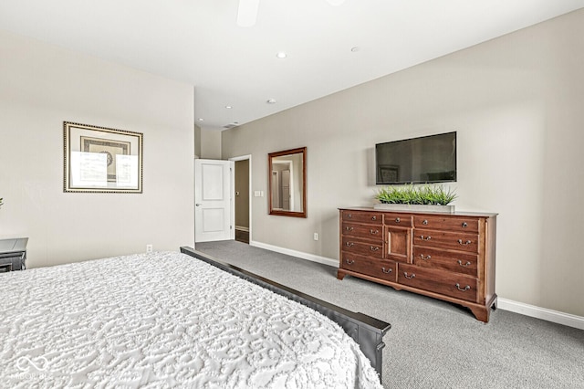 carpeted bedroom with recessed lighting and baseboards